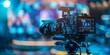 © Maftuh - A professional video camera with a long lens mounted on a tripod, actively capturing footage of a live stream in a dynamic and vibrant setting
