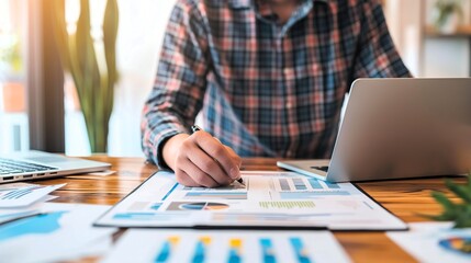 Poster -  A man in a plaid shirt meticulously analyzes data on a graph, surrounded by other documents and a laptop, showcasing the dedication and focus required for business growth. generative ai illustration