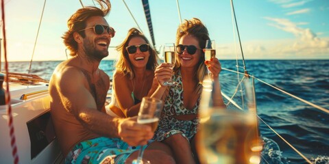 Group of friends enjoying drinks and toasting on a yacht at sunset, celebrating and having a good time together