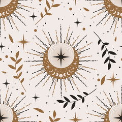 Wall Mural - seamless boho vector pattern with plants, stars, crescent. magic pattern for astrology, textiles, wr