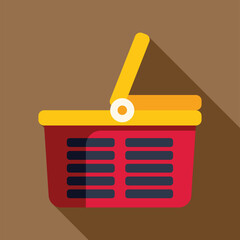 Sticker - Red empty shopping basket with opened yellow handle icon in flat style on a brown background