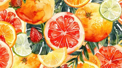 Wall Mural - Various citrus fruits watercolor drawing. Selective focus.