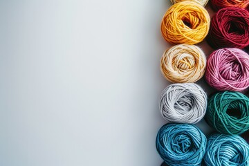 Aufkleber - Vibrant yarn rolls neatly arranged in a grid on a white background, offering ample space for text placement and creative ideas for crafting enthusiasts. Generative AI