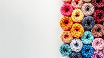 Fototapete - A vibrant array of yarn rolls is neatly arranged on a white background, providing ample space for adding text or creative designs. Generative AI