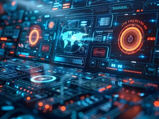 Poster - futuristic cybernetic interface with floating data panels and touch controls in a glowing cyber envi