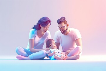 Wall Mural - Family spending quality time together in a soft pastel illustrated setting symbolizing love bonding and modern life