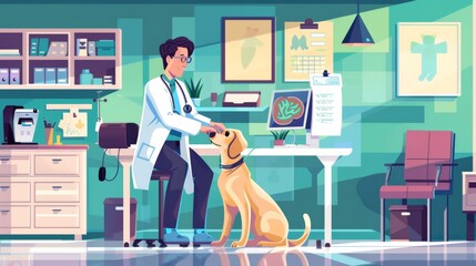 Poster - Veterinarian examining a yellow Labrador in a modern veterinary clinic with various medical equipment. Professional pet care and veterinary services.