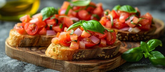 Wall Mural - Tomato Basil Bruschetta on Wooden Cutting Board