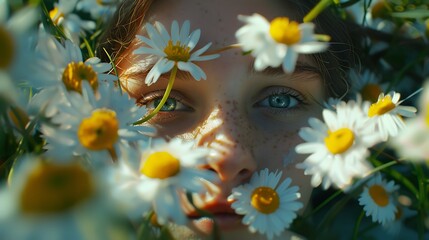 A close-up of a person's face, eyes bright with joy, surrounded by a field of daisies.