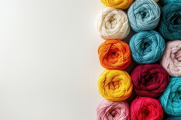 Aufkleber - A vibrant assortment of yarn rolls is neatly arranged in a grid layout, providing a perfect backdrop for creative text and design elements. Generative AI