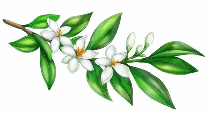 Sticker - Delicate Neroli branch adorned with blooms and lush leaves, beautifully captured in vibrant watercolor on a clean white backdrop.