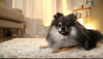 Wall Mural -  A happy and content gray-black Pomeranian lies on a plush white rug in a sunny living room generative AI .