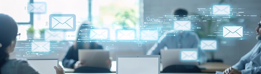 Poster - business meeting room with modern email marketing visuals, highlighting increased reach