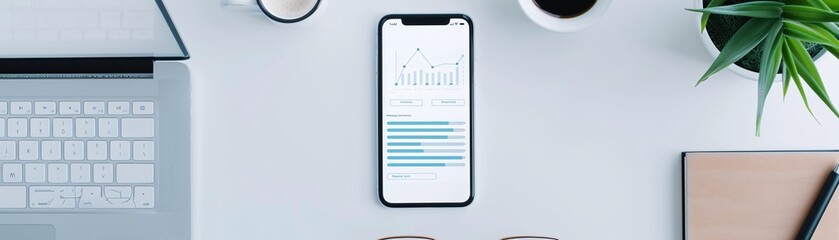 Poster - Professional office setup with smartphone displaying innovative social media analytics against a soft background