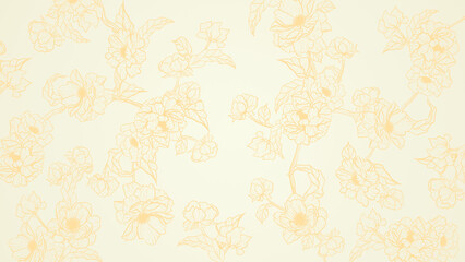 Seamless peony floral pattern. Orange flowers isolated on yellow beige cream gradient background. Hand-drawn illustrations of wildflowers in line art style.