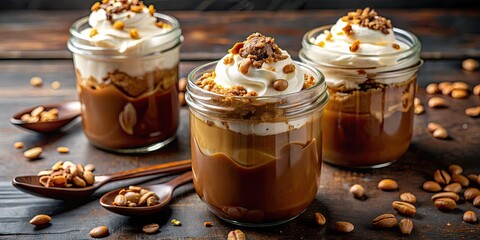 Sticker - Jars of creamy dessert topped with whipped cream and nuts.