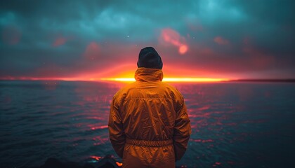 Wall Mural - Lone wanderer witnessing sunrise over the lake 