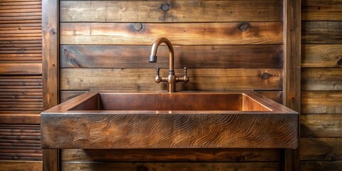 Wall Mural - Wooden sink with a rustic design in a cozy bathroom.