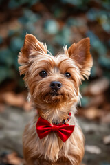 Poster - A small dog with a red bow tie sitting on the ground