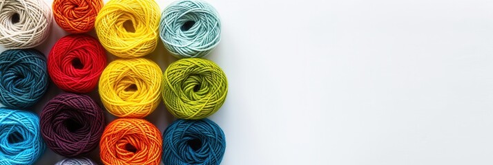 Fototapete - A grid of vibrant yarn rolls displays a spectrum of colors against a white background, with space available for crafting project ideas or text. Generative AI