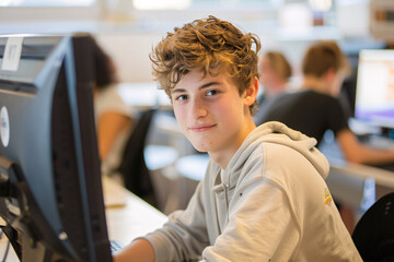 Wall Mural -  teenage boy using computer in modern class