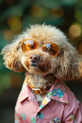 Poster - A small dog wearing sunglasses and a floral shirt