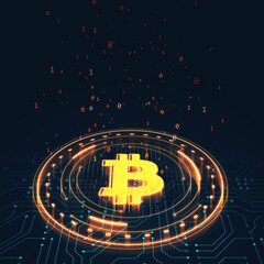 Poster - Bitcoin symbol glowing in a digital matrix background. 3D Rendering