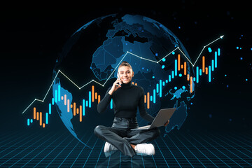 Canvas Print - Businesswoman with laptop and phone against global financial chart background.