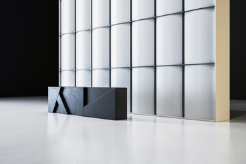 Poster - Modern office reception area with sleek black desk and metal wall. 3D Rendering