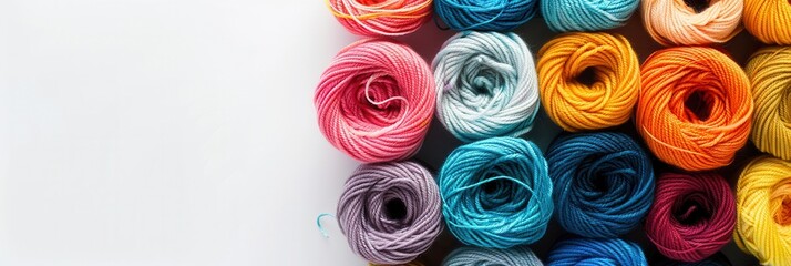 Fototapete - A vibrant grid of soft yarn rolls in various colors awaits creative use, offering ample space for design elements or text. Generative AI