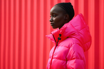 Sticker - A woman in a bright pink puffer jacket standing in front of a red wall