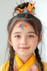 Sticker - A young girl with her face painted in bright colors.