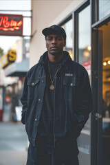 Poster - A man standing in front of a store wearing a black jacket and hat