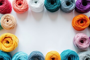Fototapete - Brightly colored yarn rolls are neatly arranged in a grid pattern on a white background, offering ample space for creative text and design elements. Generative AI