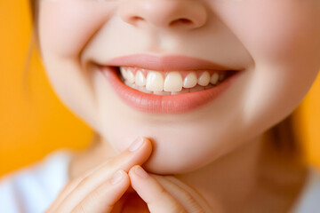 Poster - A woman smiling with her hands on her chin