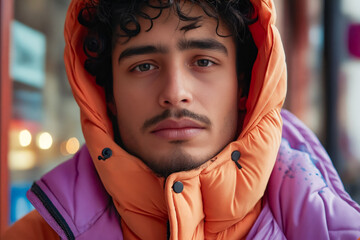 Sticker - A man with curly hair wearing an orange and purple jacket