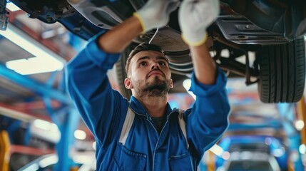 Wall Mural - Professional Male Mechanic wear Gloves and Use a Ratchet to work underneath, Mechanic Working on a Vehicle in a Car Service. Modern Clean Workshop. car service, repair, maintenance, and people concept