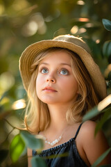 Canvas Print - A young girl wearing a straw hat looking up at the sky.