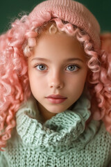 Poster - A young girl with pink curly hair wearing a pink hat and sweater