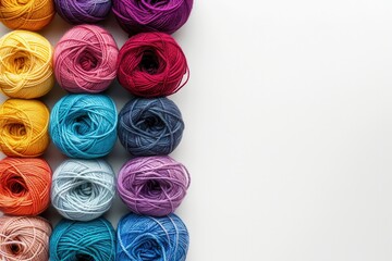 Fototapete - Colorful yarn rolls are neatly arranged in a grid format on a white background, offering a perfect canvas for various textile and craft projects. Generative AI