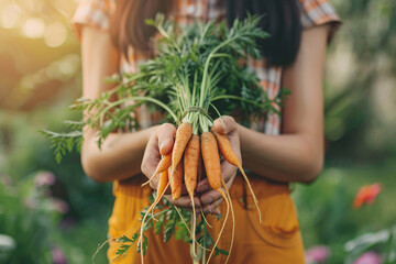 Wall Mural - close up of female hands with bunch of carrots