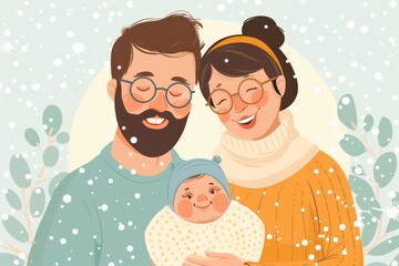 Wall Mural - Illustrated family portrait with snowflake patterns symbolizing warmth love and winter season