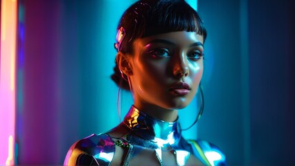 futuristic mixed race model in metallic lingerie neon lights sci fi inspired look sleek