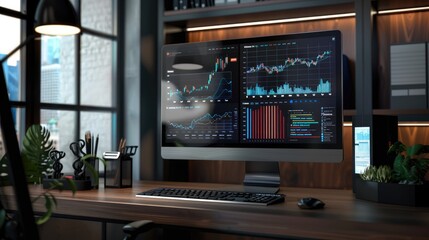 Poster - Digital display of investment charts and graphs on a modern workspace