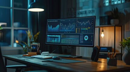 Poster - Digital display of investment charts and graphs on a modern workspace