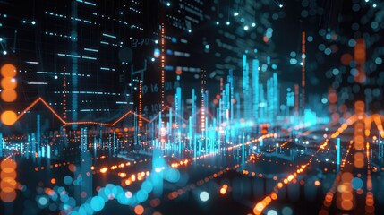 Poster - Dynamic 3D financial charts with moving data points, depicting market trends and analysis