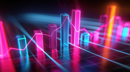 Poster - Elegant 3D financial bars with neon highlights, representing economic trends