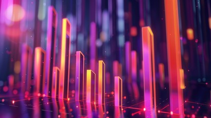 Poster - Elegant 3D financial bars with neon highlights, representing economic trends
