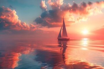 Poster - Majestic Sailboat Setting Sail at Breathtaking Sunset or Sunrise Symbolizing New Journeys and