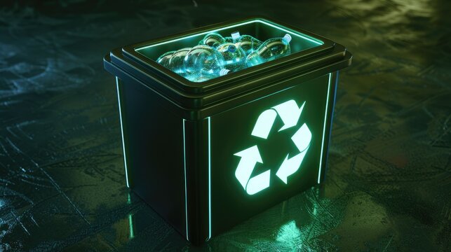 Elegant 3D recycling bin with glowing symbols, representing waste management and environmental protection